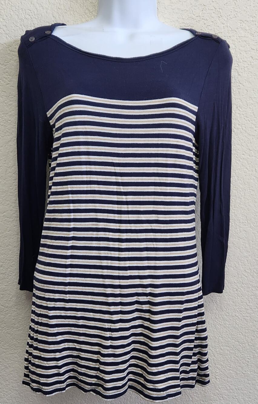 Max Studios Blue White Gold Striped Boat Neck Top Small Lightweight 3/4 Sleeves